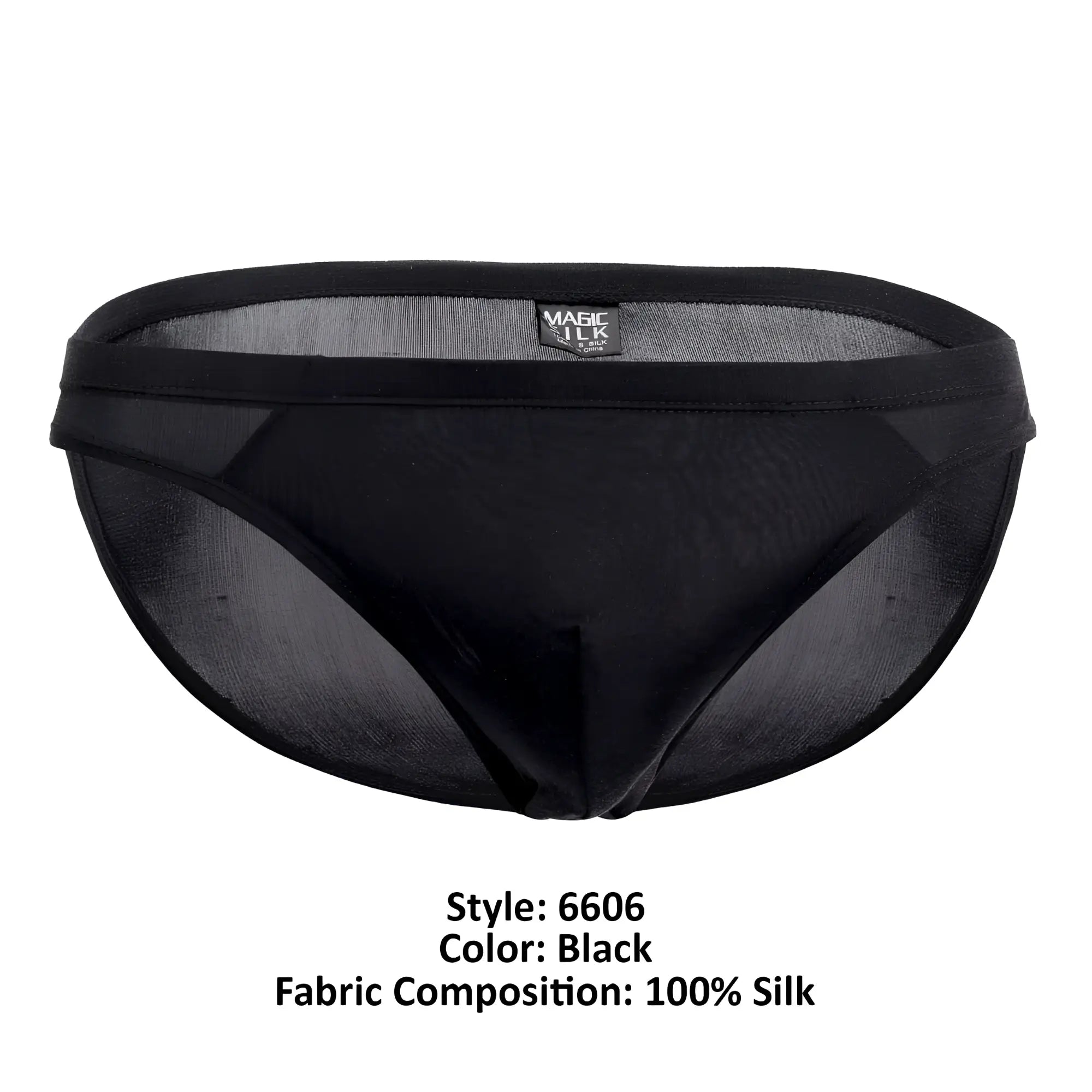 Black magic silk 6606 silk briefs with sheer mesh texture and solid black waistband front view