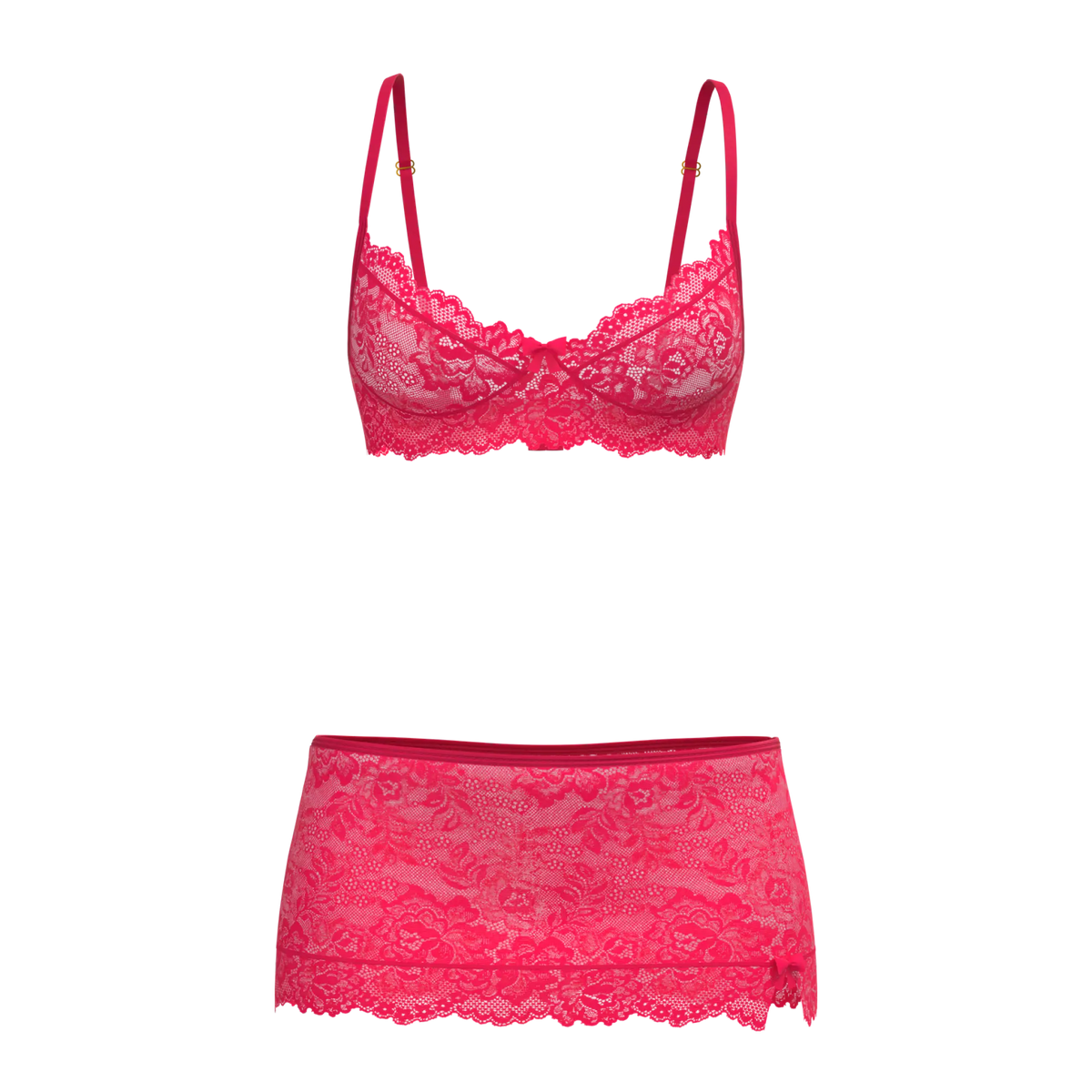 Fuchsia lace magic silk bra skirt and thong set featuring delicate lace material and elegant design