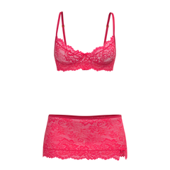 Fuchsia lace magic silk bra skirt and thong set featuring delicate lace material and elegant design