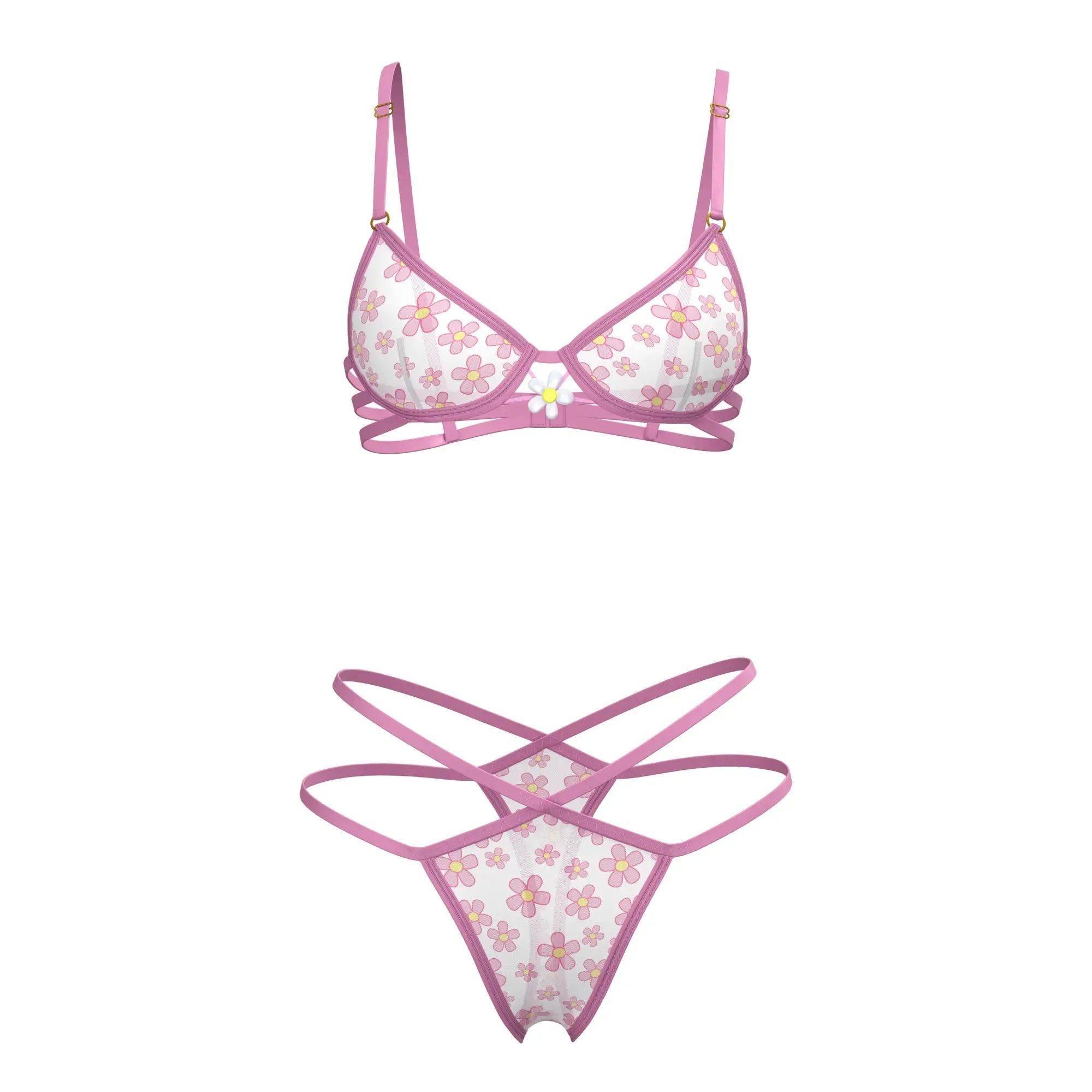 Pink floral-patterned magic silk bra and thong set with delicate straps and central white flower accent