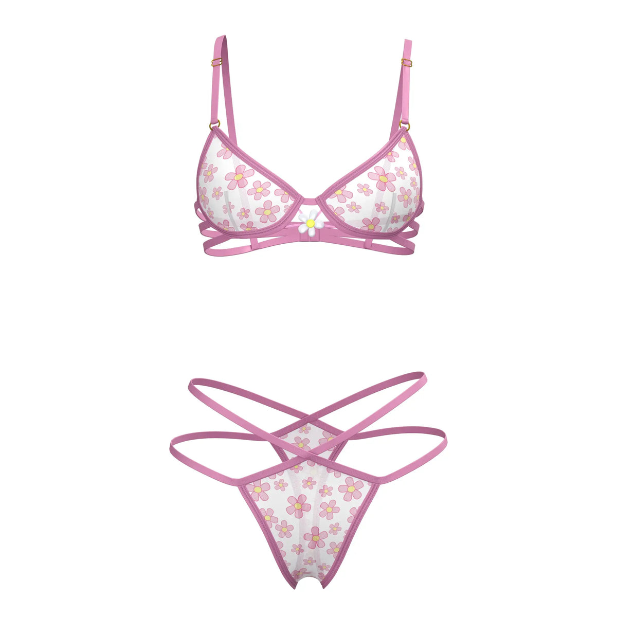Pink floral-patterned magic silk bra and thong set with delicate straps and central white flower accent