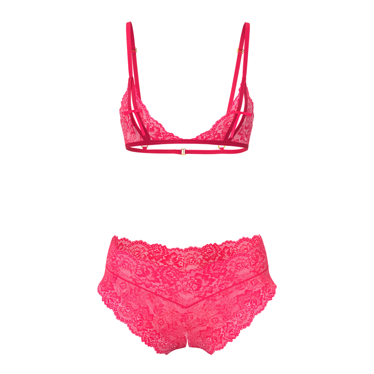 Vibrant fuchsia magic silk bralette and split crotch boy short lace set in high-waisted style for elegant lingerie