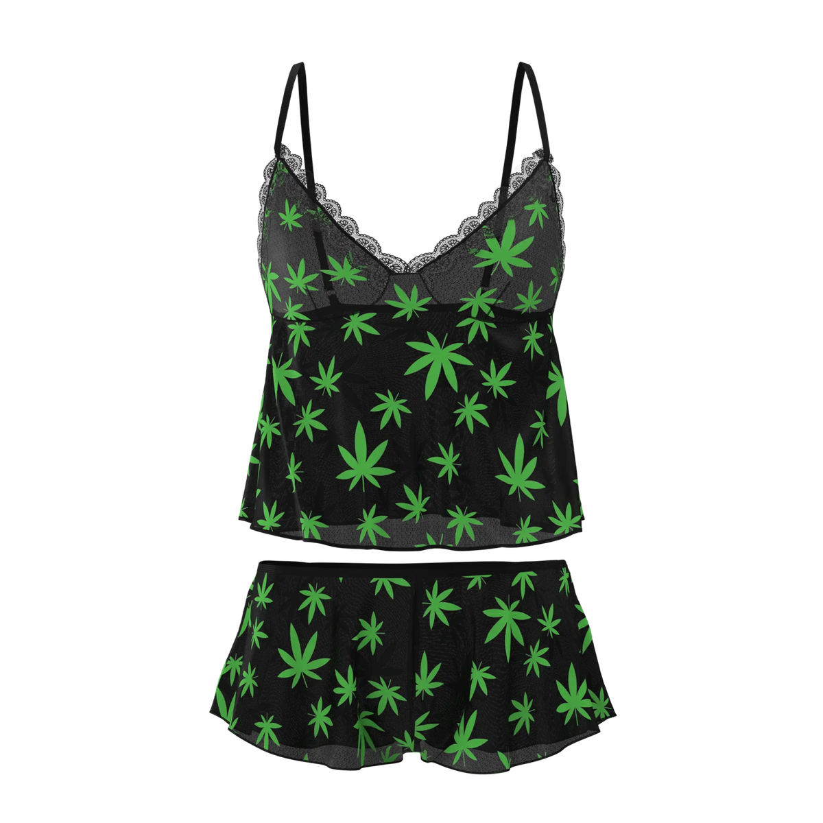 Black satin camisole with neon green cannabis leaf print and lace trim from magic silk cami and short set