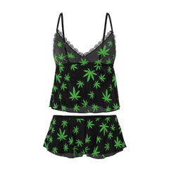 Black satin camisole with neon green cannabis leaf print and lace trim from magic silk cami and short set
