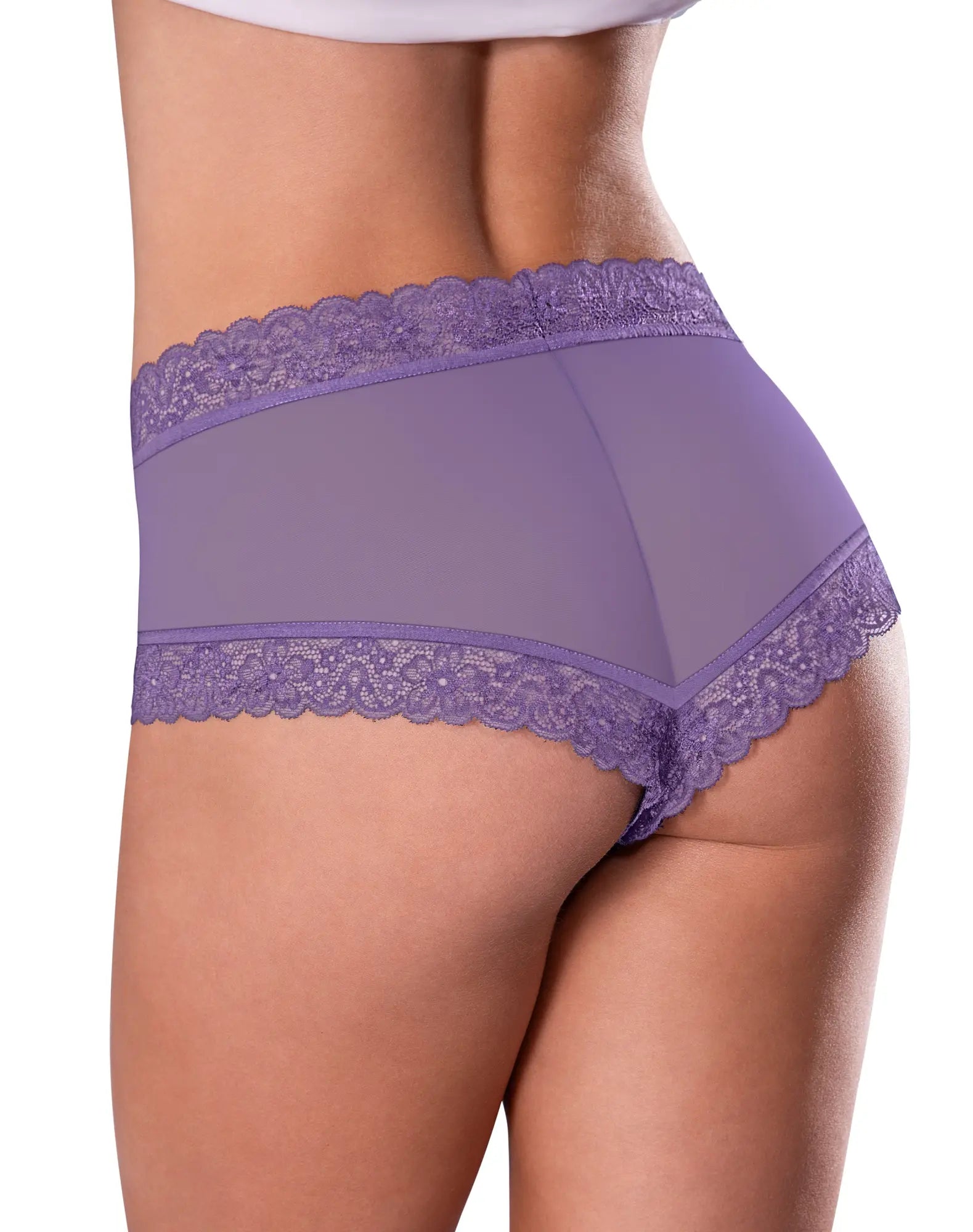 Purple lace-trimmed high-waisted briefs with sheer mesh front from magic silk cheeky hipster boy short collection
