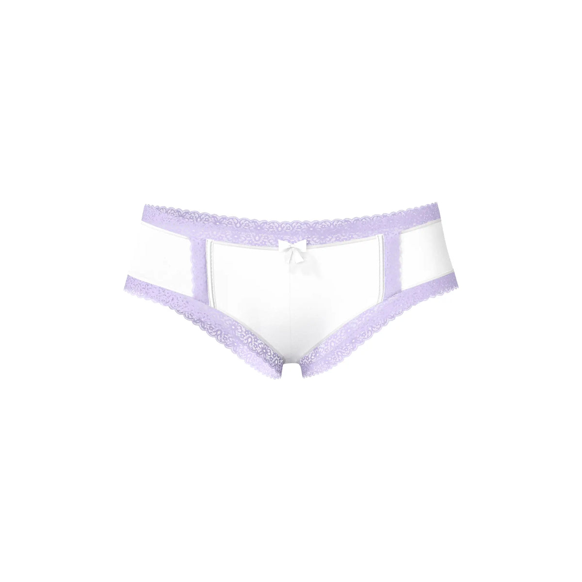 Magic silk cheeky hipster boy short white briefs with delicate lavender lace trim and a small white bow at center front
