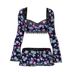 Black magic silk crop top and flared skirt set with long sleeves and iridescent pink blue purple mushroom prints