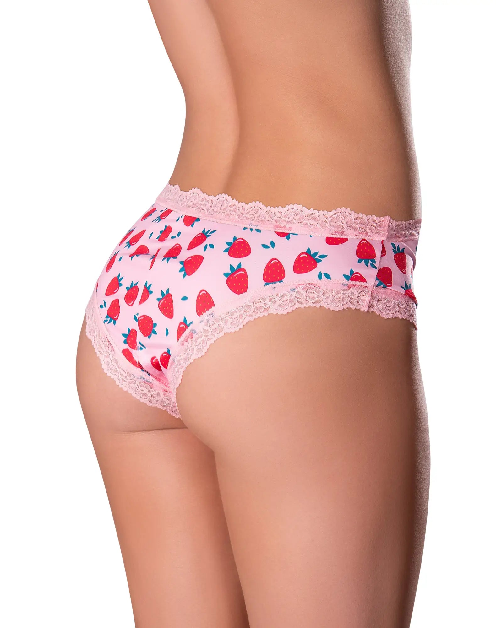 Pink strawberry patterned magic silk crotchless boy short with delicate lace trim and lube for intimate use
