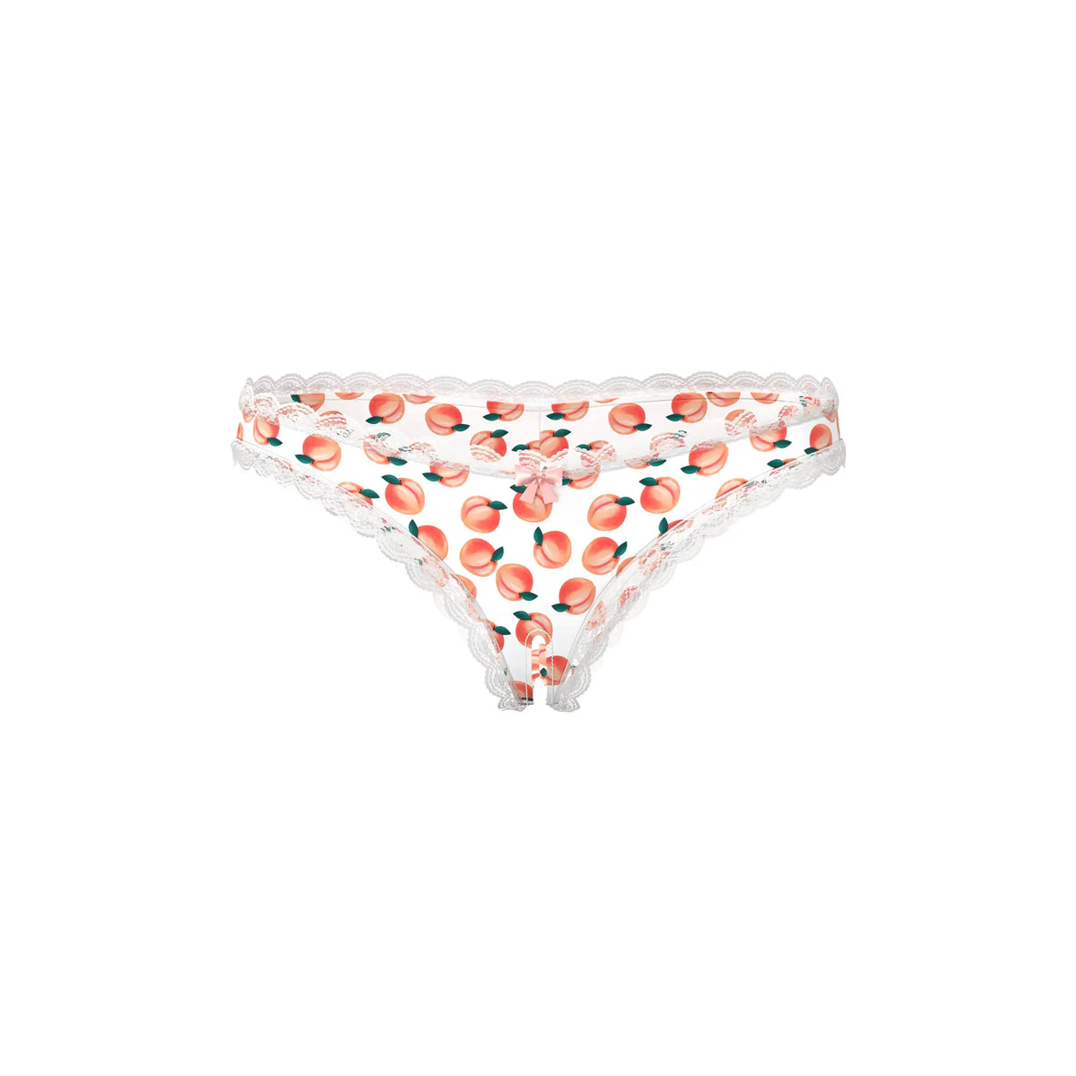White peach-print magic silk crotchless boy short thong with delicate scalloped lace trim and included lube