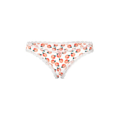 White peach-print magic silk crotchless boy short thong with delicate scalloped lace trim and included lube