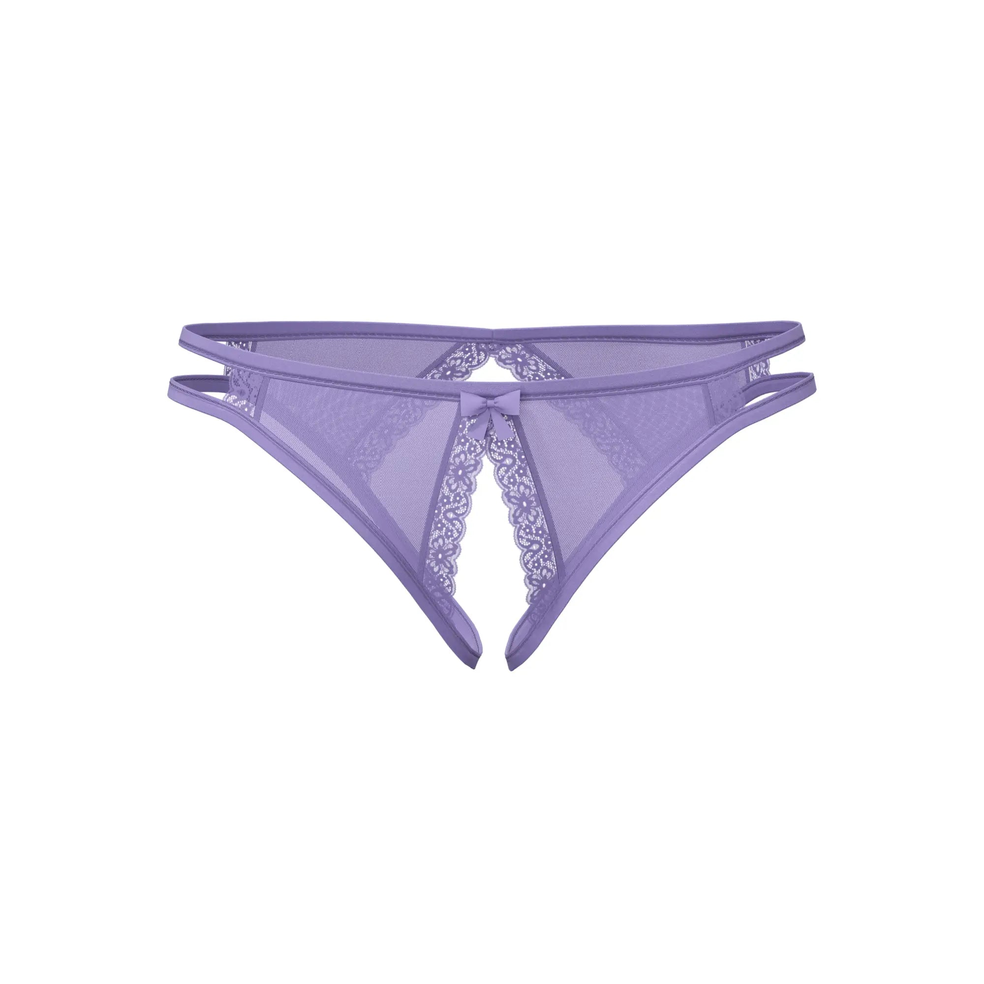 Lavender sheer mesh crotchless low rise panty with lace trim and central bow by magic silk