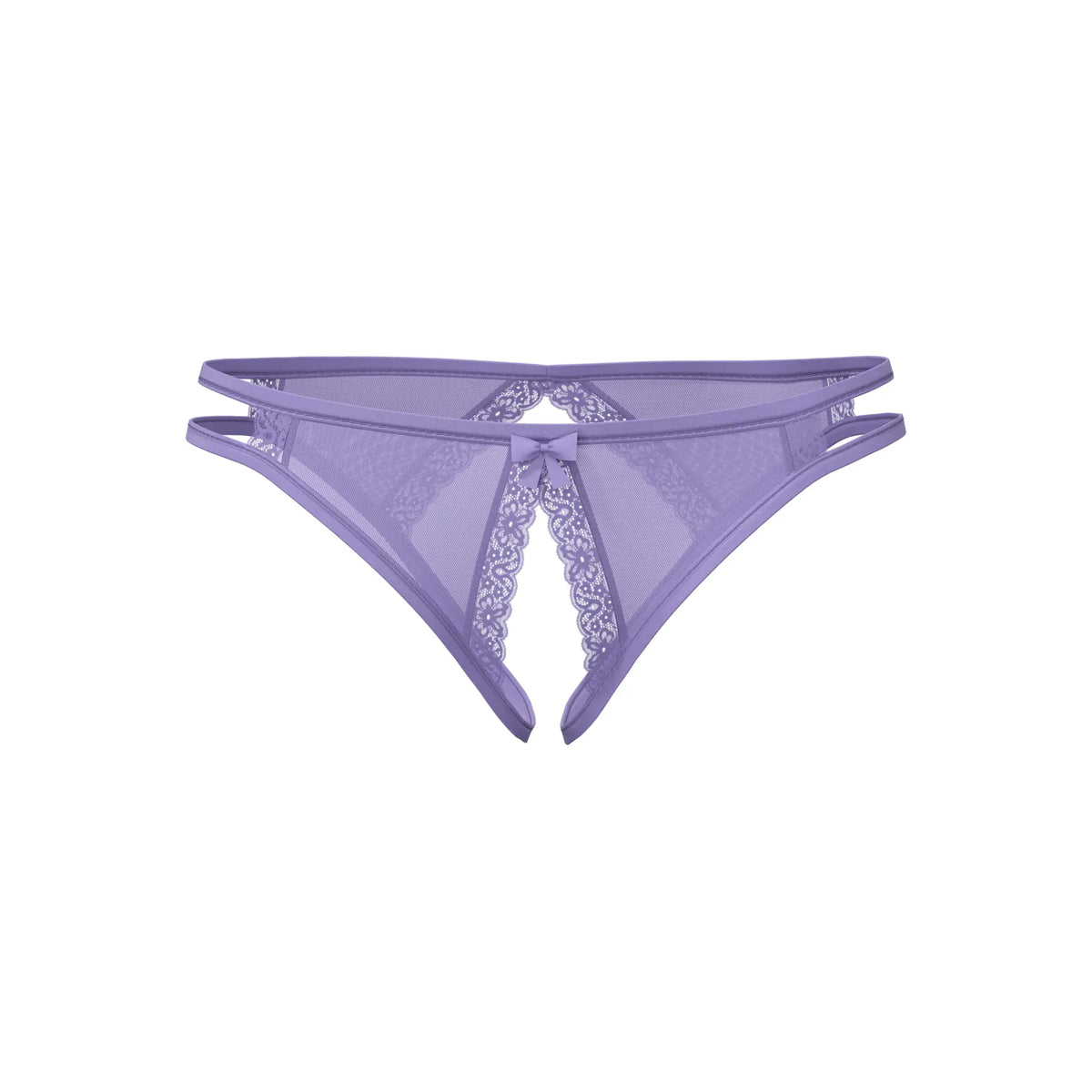 Lavender sheer mesh crotchless low rise panty with lace trim and central bow by magic silk