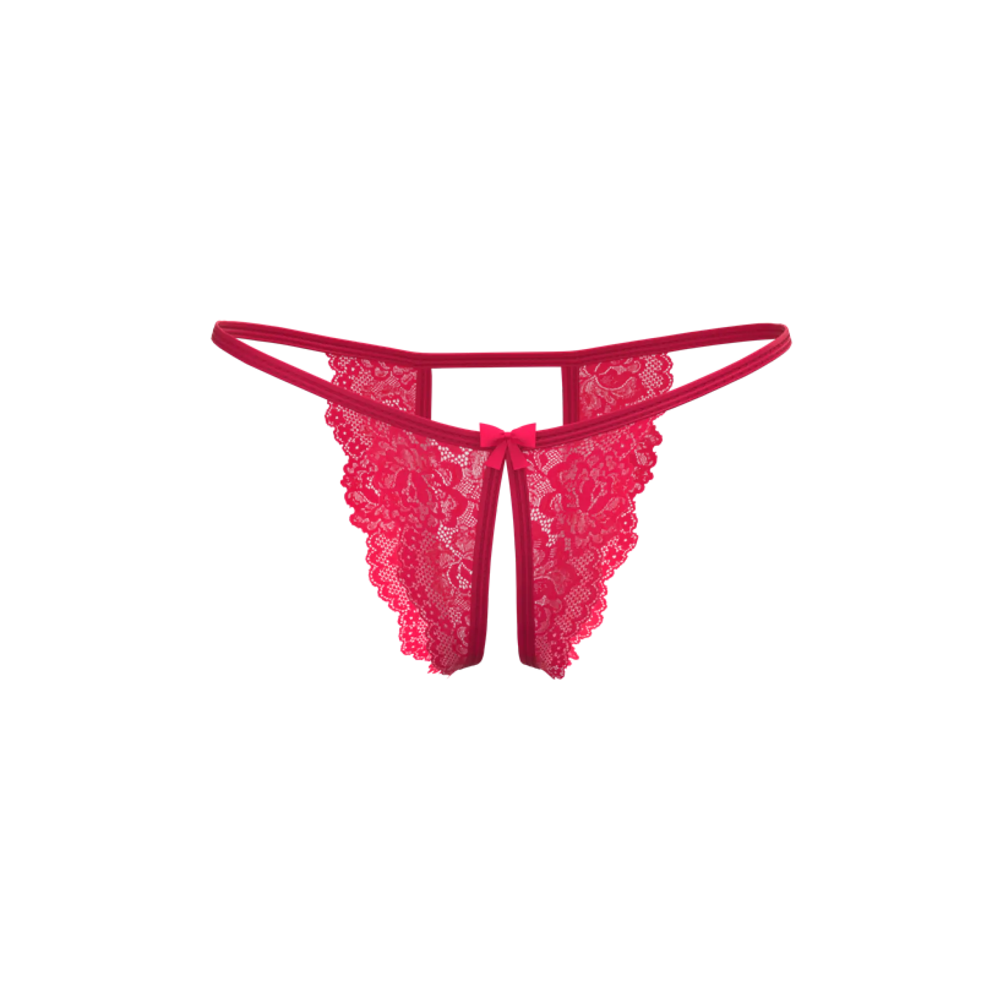 A vibrant fuchsia magic silk crotchless micro tanga thong with lace floral pattern and a delicate center bow