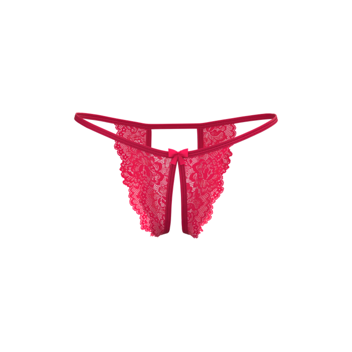 A vibrant fuchsia magic silk crotchless micro tanga thong with lace floral pattern and a delicate center bow