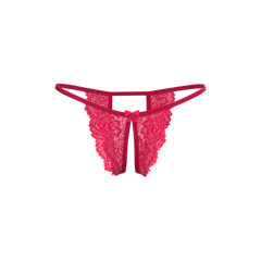 A vibrant fuchsia magic silk crotchless micro tanga thong with lace floral pattern and a delicate center bow
