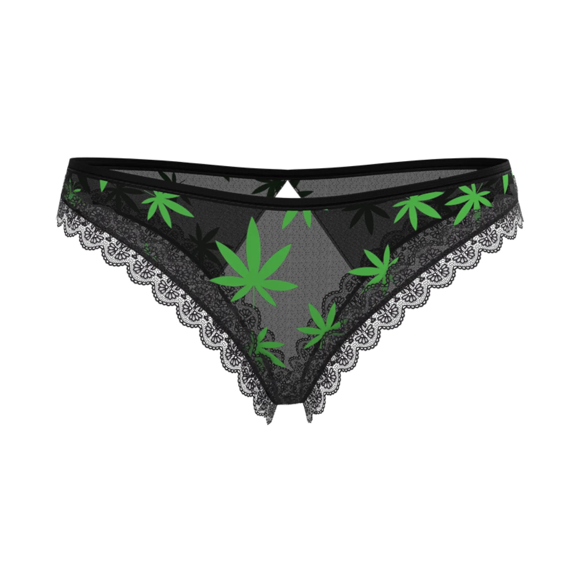Magic silk crotchless panty black triangular bikini bottom with green cannabis leaf print lace trim back side view