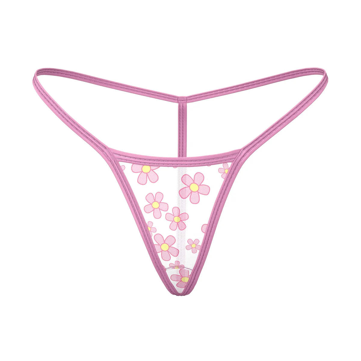 Pink floral Magic Silk Daisy tanga thong with sheer mesh fabric and matching pink trim, front view