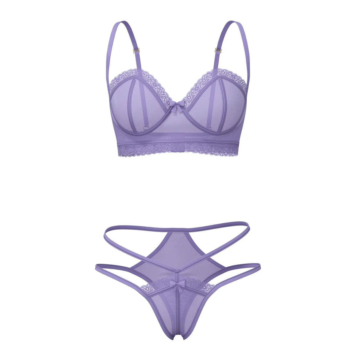 Lavender Magic Silk demi bra and high cut tanga lingerie set with sheer lace, scalloped edges, and crisscross straps