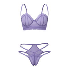 Lavender Magic Silk demi bra and high cut tanga lingerie set with sheer lace, scalloped edges, and crisscross straps