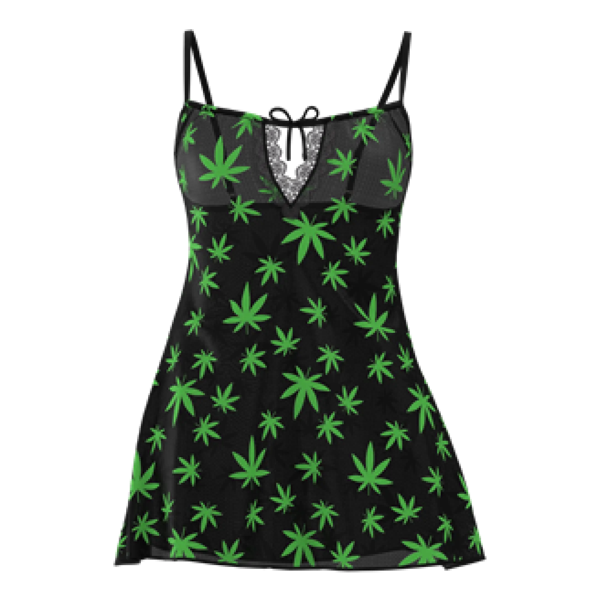 Black sleeveless magic silk dress with vibrant green marijuana leaf pattern and matching g-string set