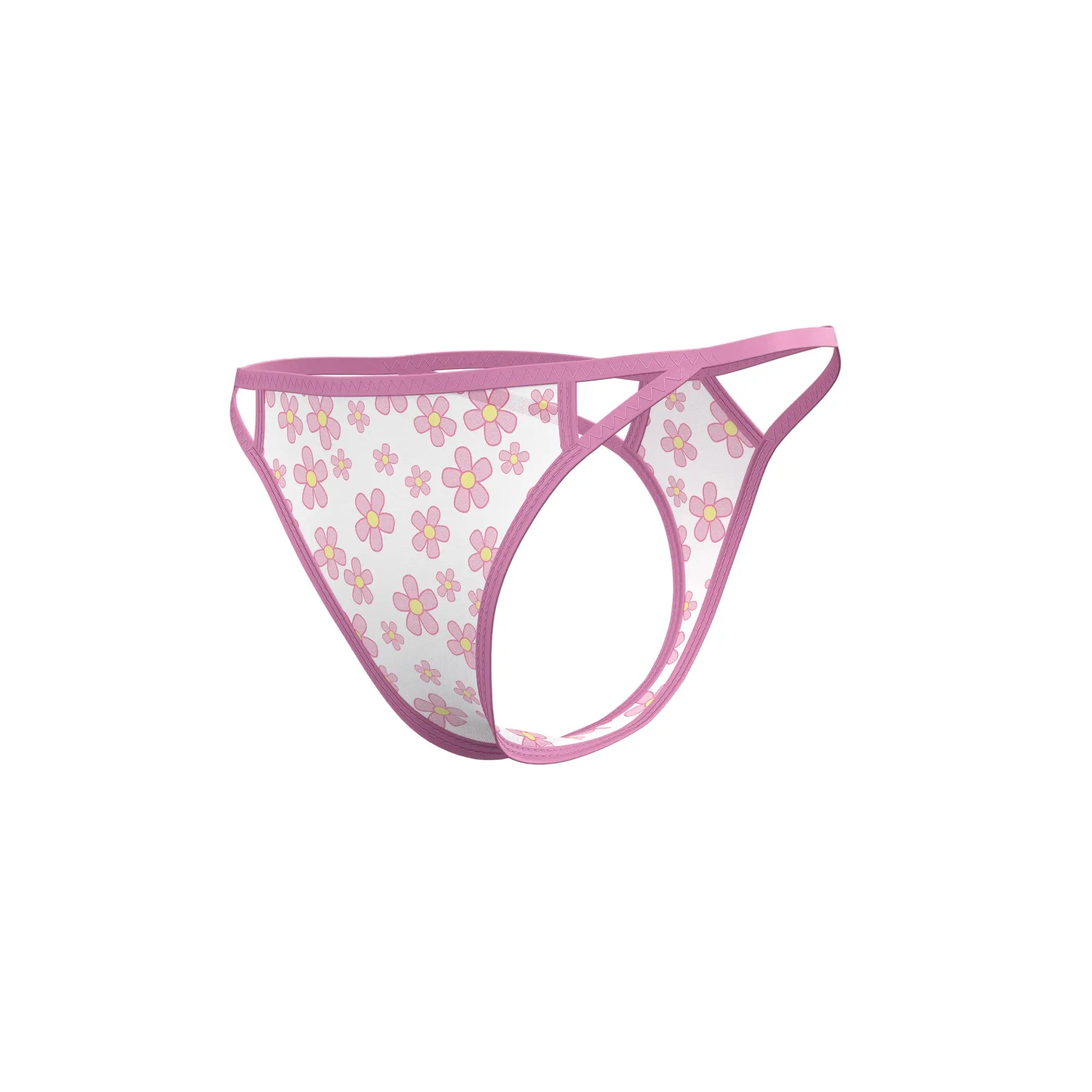 Pink floral-patterned thong with sheer transparent fabric and matching trim from magic silk dress and tanga set