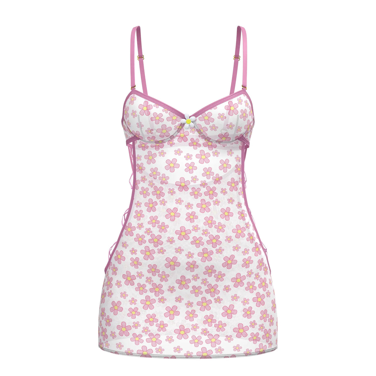 White floral silk camisole dress with pink and yellow flowers thin pink straps and ruffled hem from magic silk set