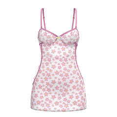 White floral silk camisole dress with pink and yellow flowers thin pink straps and ruffled hem from magic silk set