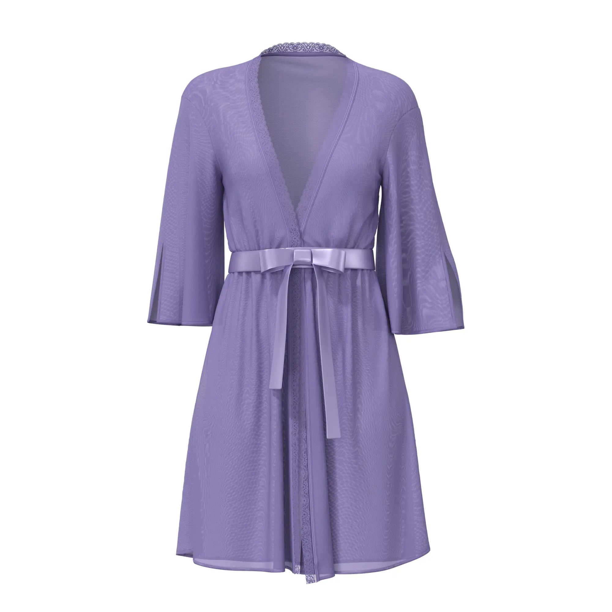 A lavender semi-sheer Magic Silk flutter sleeve robe with v-neckline and three-quarter length sleeves