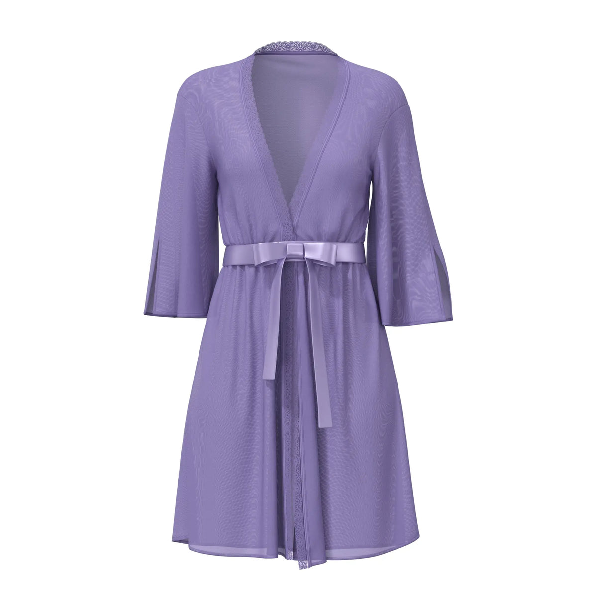 A lavender semi-sheer Magic Silk flutter sleeve robe with v-neckline and three-quarter length sleeves