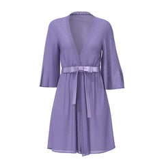 A lavender semi-sheer Magic Silk flutter sleeve robe with v-neckline and three-quarter length sleeves