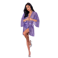 Magic silk flutter sleeve robe is a sheer lavender satin robe with v-neckline belted waist and flared sleeves