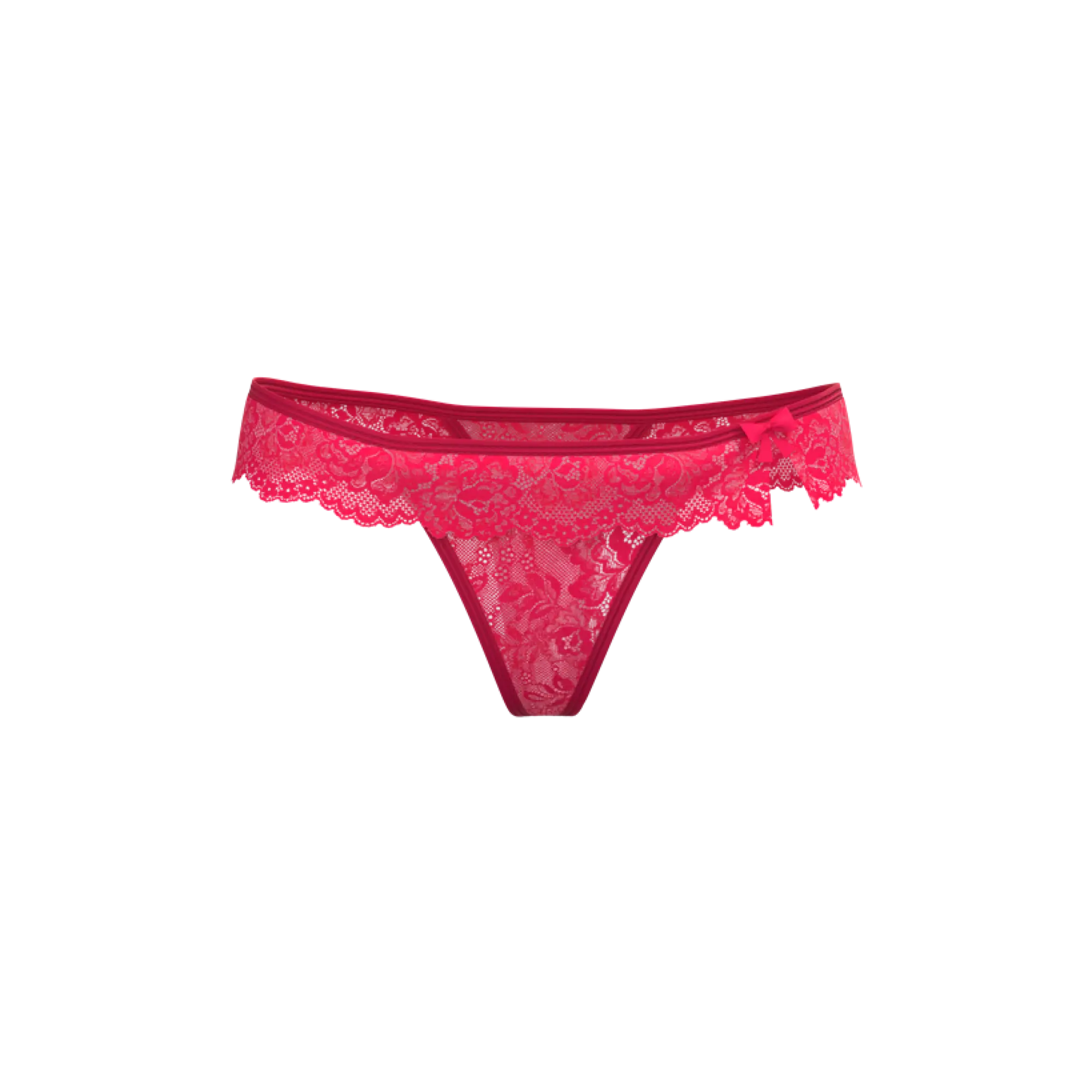 A vibrant fuchsia Magic Silk flutter thong made of lace with delicate floral patterns and a small side bow