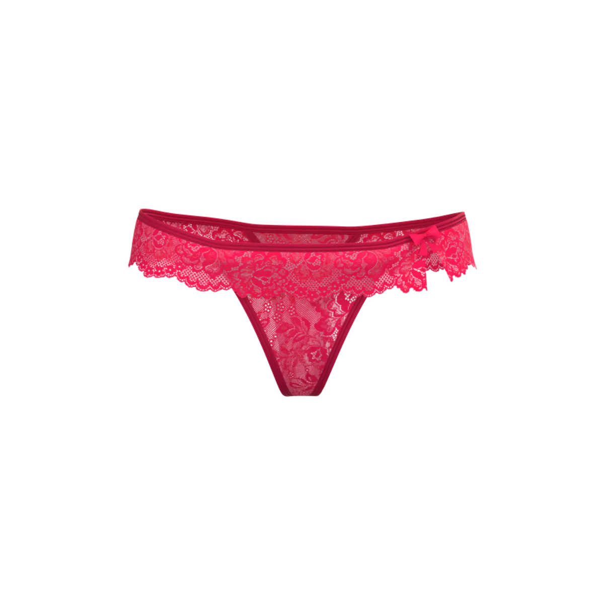A vibrant fuchsia Magic Silk flutter thong made of lace with delicate floral patterns and a small side bow