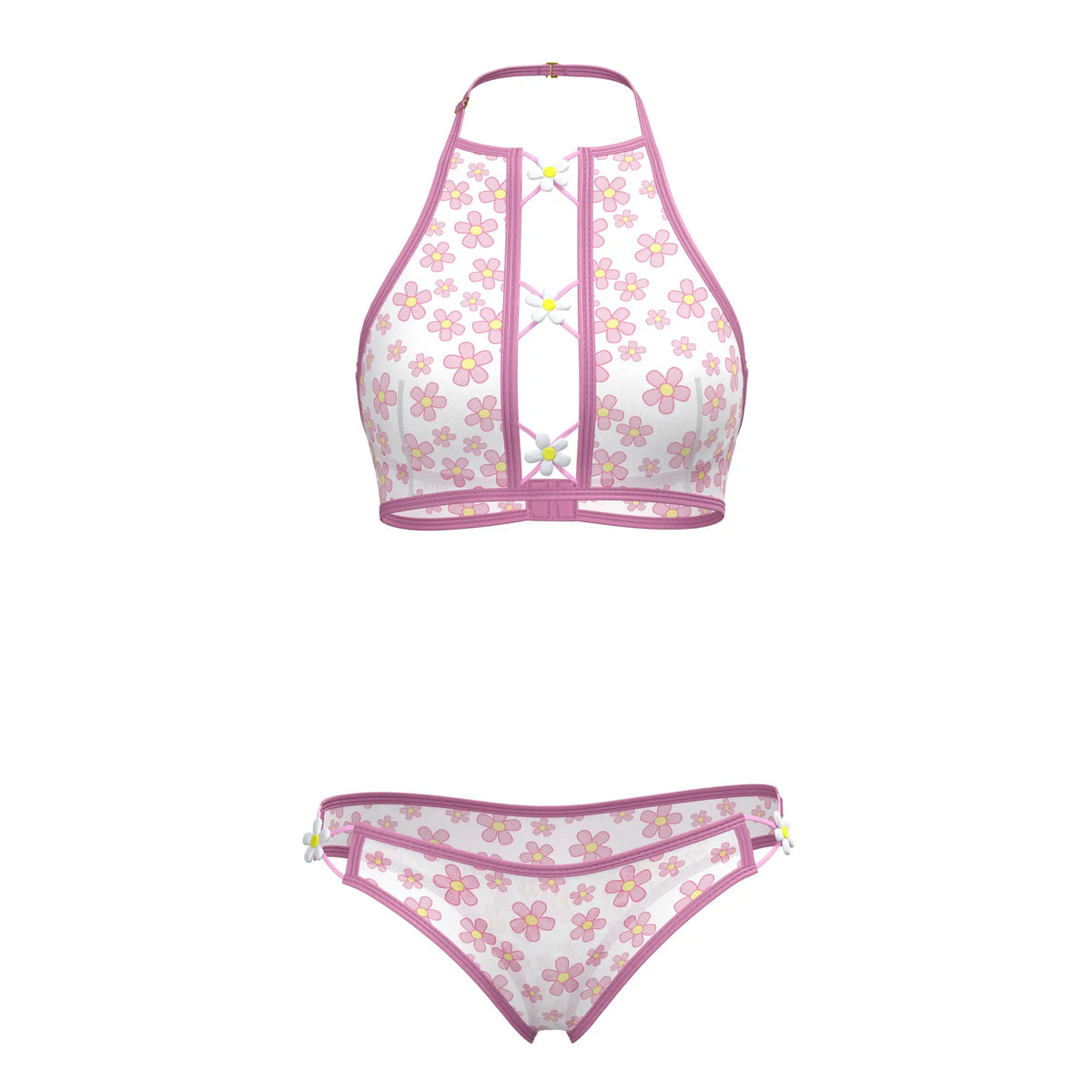 Pink and white floral magic silk halter bralette and panty set with matching bottoms for stylish swimwear