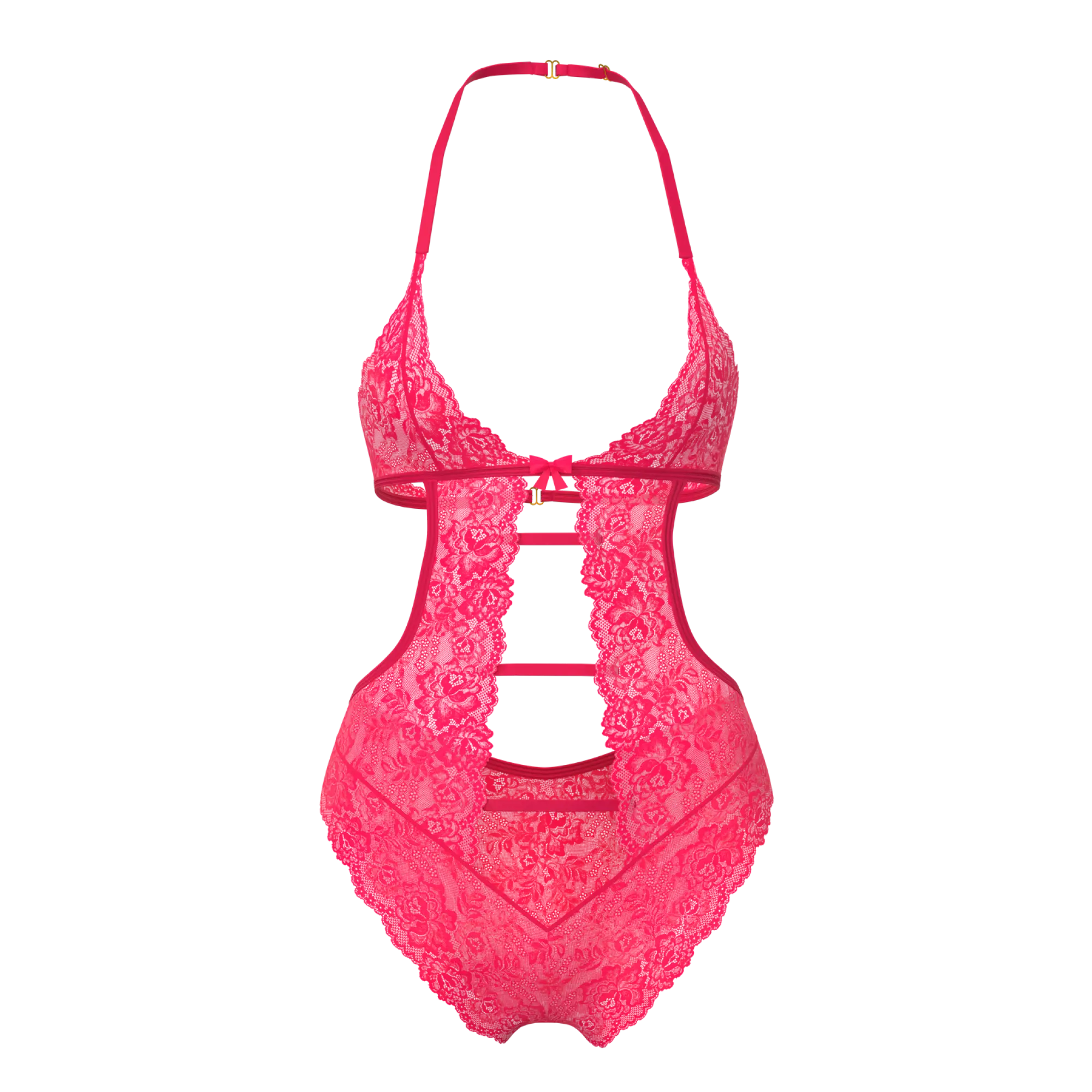 A vibrant fuchsia lace halter teddy with intricate floral patterns and cut out design magic silk halter teddy w snap crotch