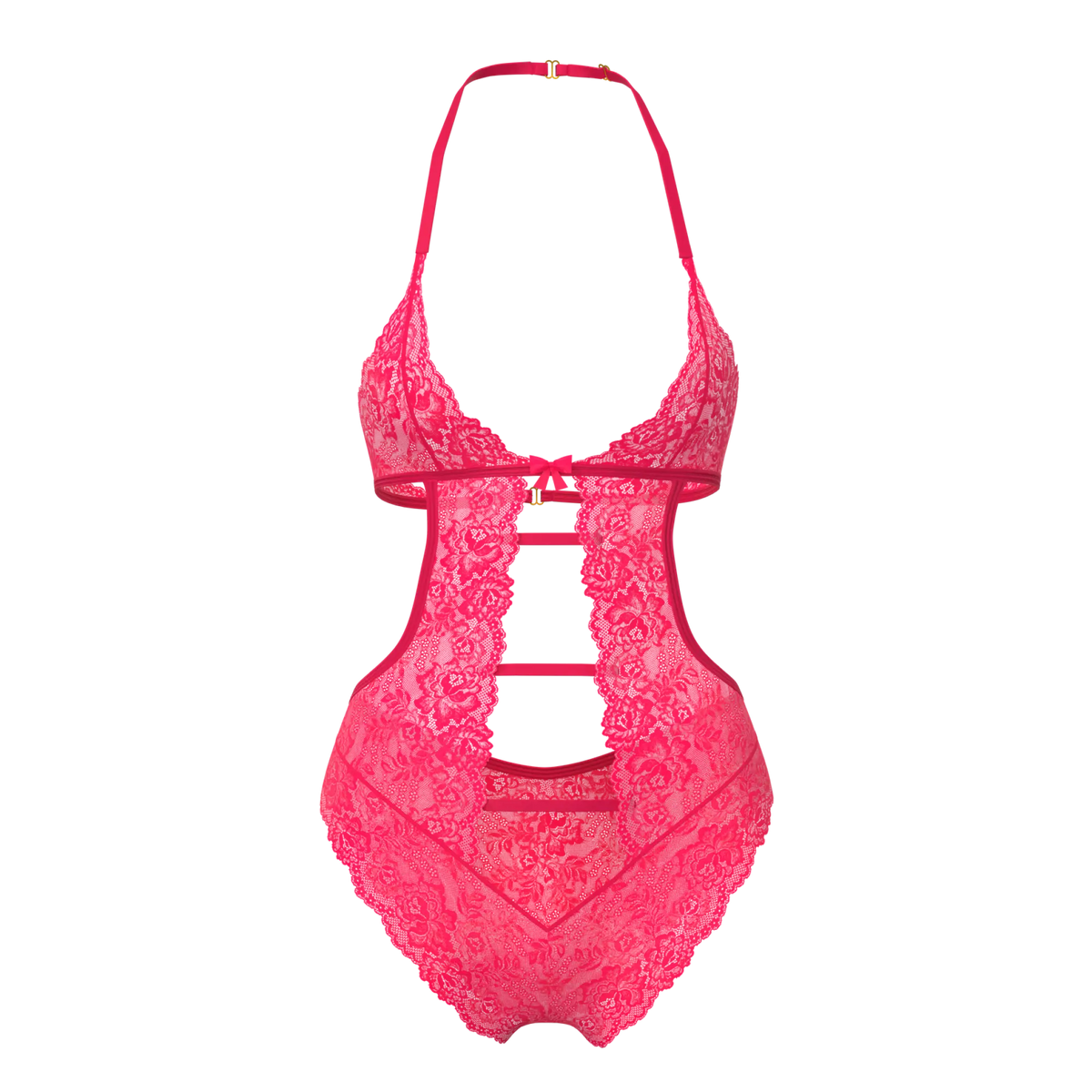 A vibrant fuchsia lace halter teddy with intricate floral patterns and cut out design magic silk halter teddy w snap crotch