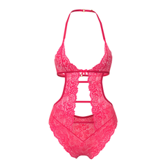 A vibrant fuchsia lace halter teddy with intricate floral patterns and cut out design magic silk halter teddy w snap crotch