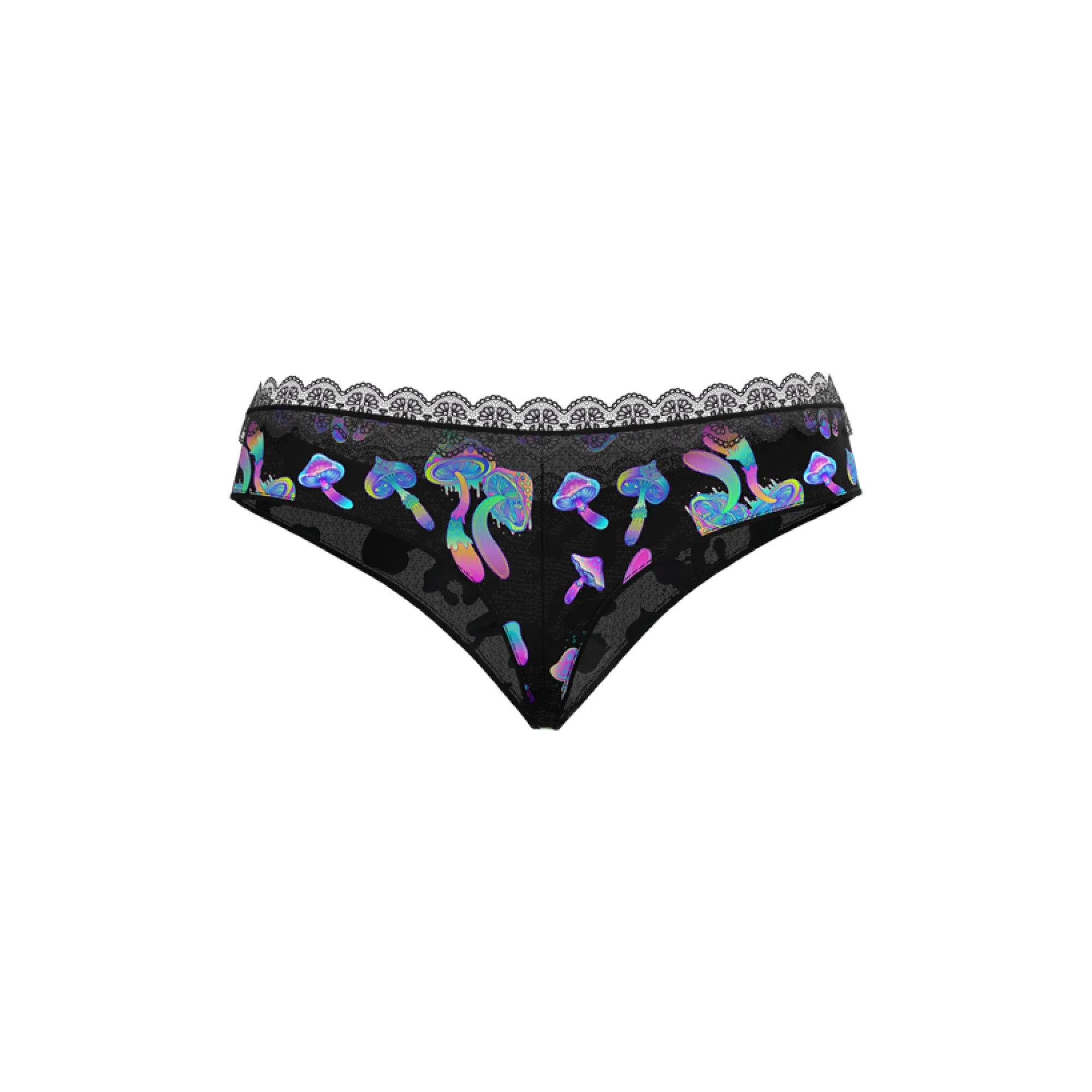 Black lace-trimmed magic silk hazy dayz boy short with iridescent rainbow mushroom patterns on the back side