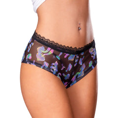 Black sheer briefs magic silk hazy dayz boy short with vibrant iridescent mushroom pattern and delicate black lace trim