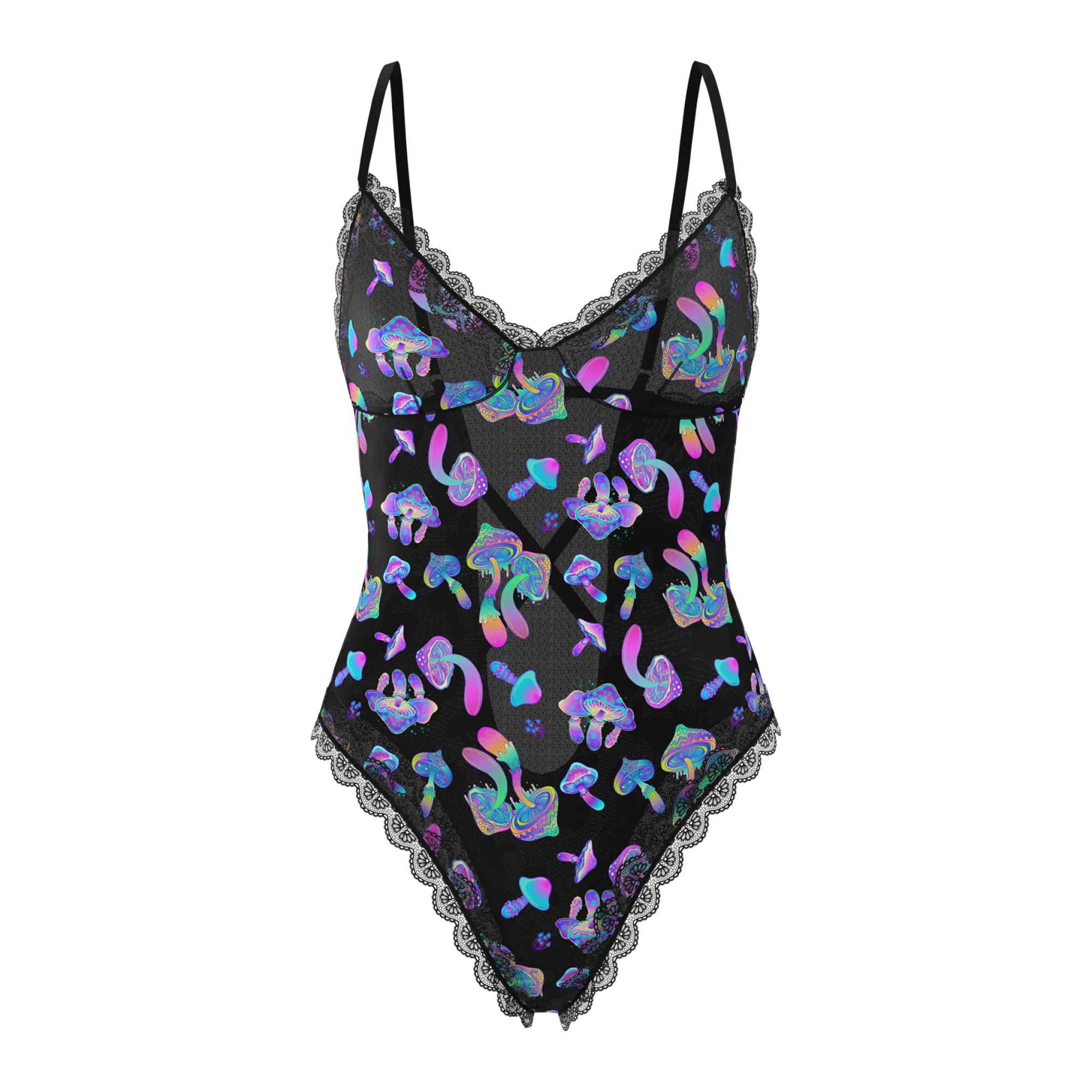 Black one-piece swimsuit with iridescent mushroom pattern and lace trim from magic silk hazy dayz teddy collection