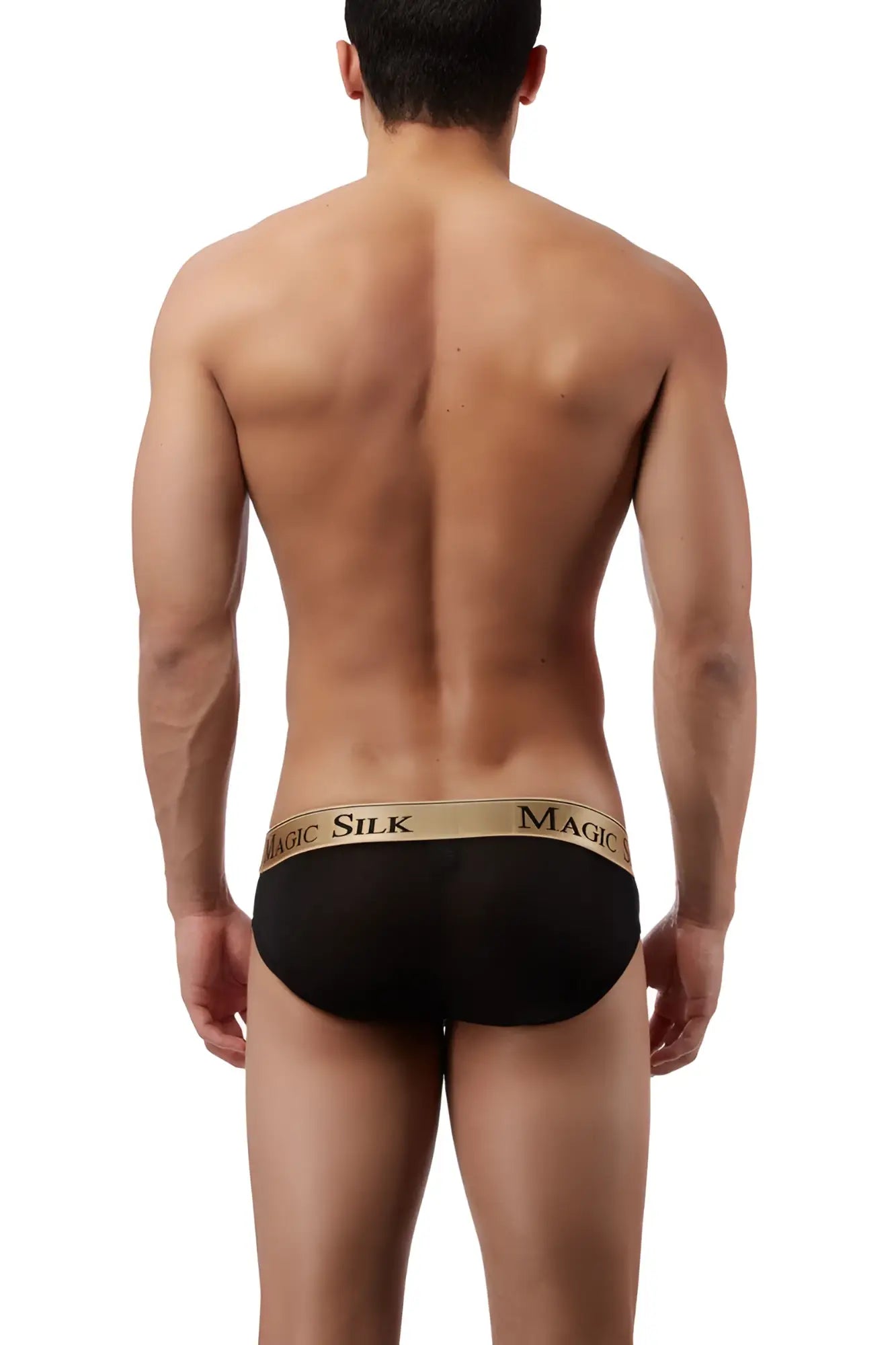 Black magic silk knit lo rise bikini briefs with gold waistband and black brand name lettering size m