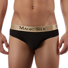 Black magic silk men’s briefs with gold waistband and black brand name in silk knit lo rise bikini style size m