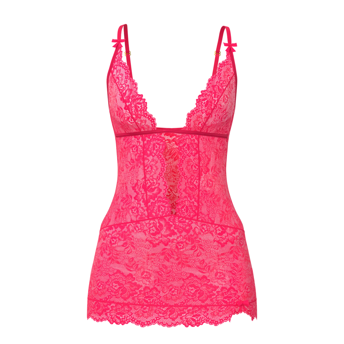 A vibrant pink lace magic silk plunge chemise and g-set with delicate floral patterns and thin shoulder straps