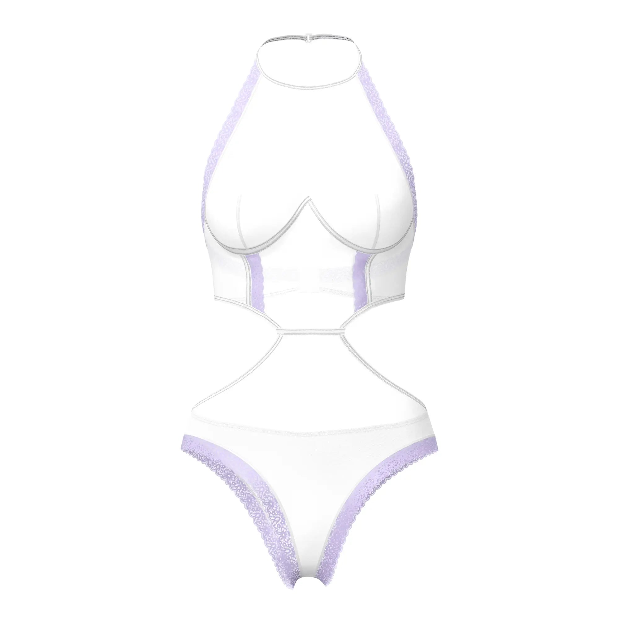 White halter neck bodysuit with lavender lace trim and cut out details magic silk sheer passion halter teddy