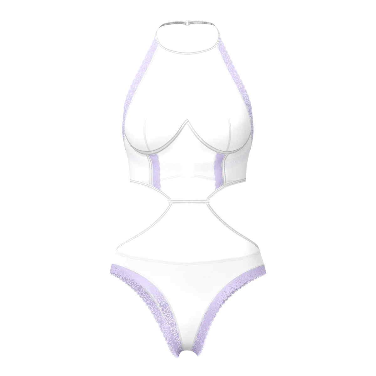 White halter neck bodysuit with lavender lace trim and cut out details magic silk sheer passion halter teddy