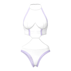 White halter neck bodysuit with lavender lace trim and cut out details magic silk sheer passion halter teddy