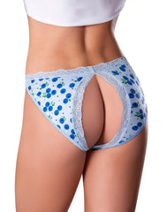 Light blue sheer magic silk split back and crotchless panty with playful blueberry pattern and white lace trim with lube