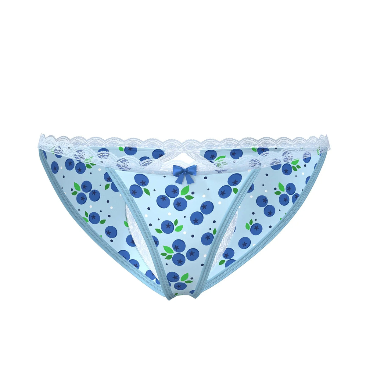 Light blue women’s magic silk split back crotchless panty with playful blueberry pattern lace trim and small bow