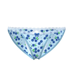 Light blue women’s magic silk split back crotchless panty with playful blueberry pattern lace trim and small bow