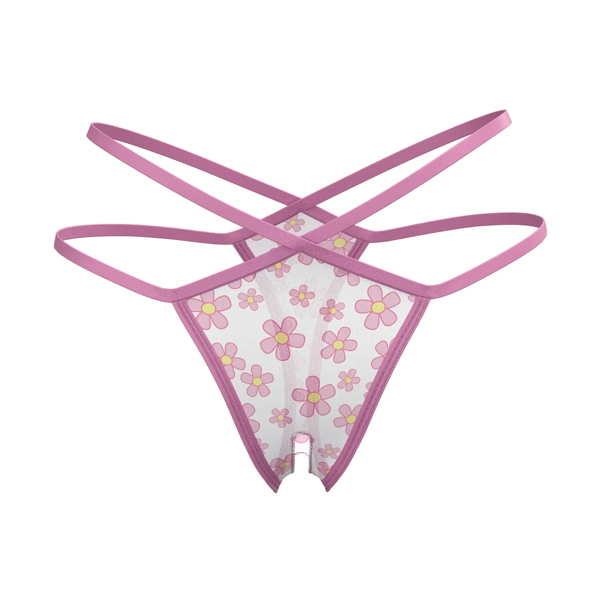 Pink floral-patterned magic silk split crotch thong with sheer mesh fabric and matching elastic straps front view